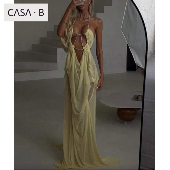 NEW+FREE SHIPPING💫CASA B|The Mirage Wet Look Sheer Maxi Evening dress - Picture 5 of 6
